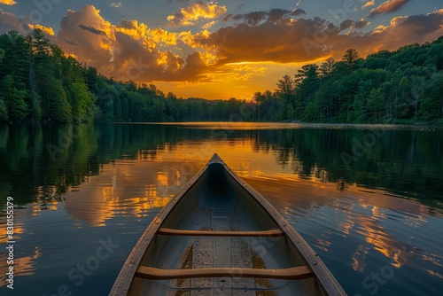 A canoe is floating on a lake at sunset