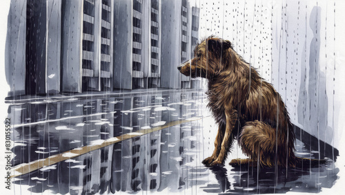 A stray dog sitting in the rain, with wet fur and a hunched body. Social advertising highlights the loneliness and vulnerability of the dog.