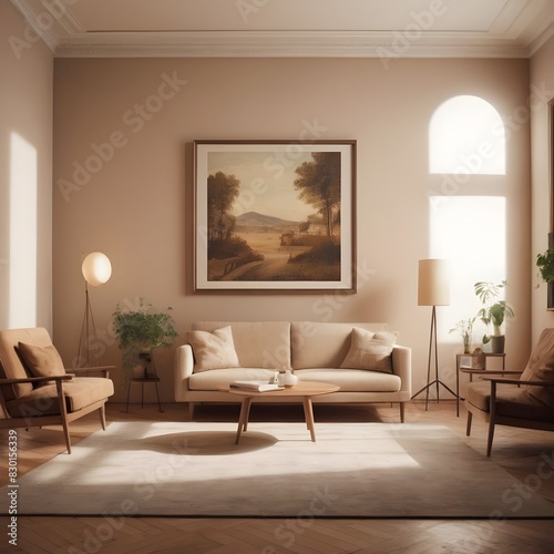 Modern living room interior design with minimalist trend furniture, vintage style, augmented reality, mockup,