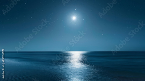 A photographic style of a sky and sea environment, clear night sky with bright stars and a full moon over a serene sea. The moonlight creates a shimmering path on the water's surface. Deep blue tones