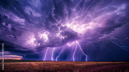 A photographic style of a stormy sky environment, intense lightning storm over an open field, with multiple lightning bolts striking the ground. The sky is a mix of dark grays and purples. The field