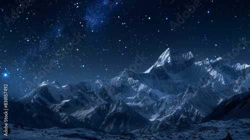 A photographic style of a sky environment, clear night sky with bright stars and a visible Milky Way, above a serene mountain landscape. Snow-capped peaks illuminated by moonlight. Crisp, cold air.