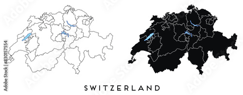Switzerland map of city regions districts vector black on white and outline