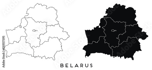 Belarus map of city regions districts vector black on white and outline