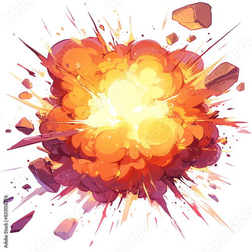 A fiery explosion with orange and red flames and smoke, isolated white background