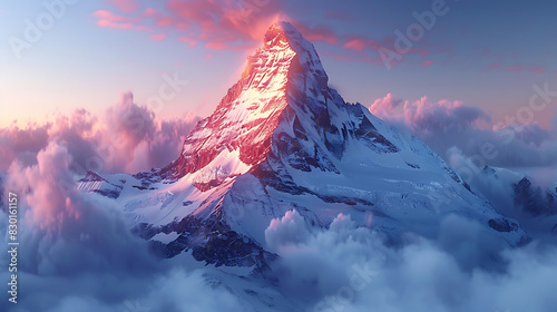 majestic image of Matterhorn mountain towering above Swiss Alps snowcapped peak illuminated soft glow of sunrise iconic mountain distinctive pyramid shape rugged beauty captivated mountaineer adventur