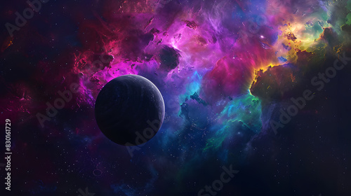 A colorful space scene with three planets and a cloud of purple gas