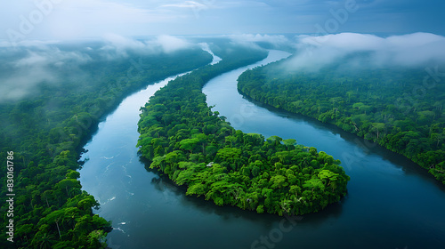mesmerizing image of Amazon Rainforest lush green canopy stretching horizon winding river meandering through dense jungle world's largest tropical rainforest biodiversity hotspot vital ecosystem susta