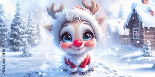 A cute cartoon baby reindeer with big blue eyes, white fur and a red nose in the snow wearing Santa Claus.