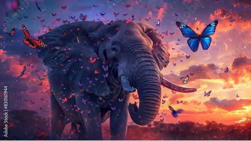 a majestic elephant, adorned with a vibrant butterflies perched on its enormous ears
