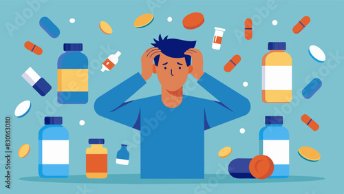 A man holding his head in his hands while surrounded by empty supplement bottles and diet pills struggling with the constant pressure to achieve a perfect body.. Vector illustration