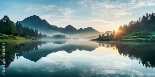 Dawn at the Mountain Lake. Concept Nature Photography, Sunrise Reflections, Mountain Scenery, Tranquil Water, Serene Landscapes