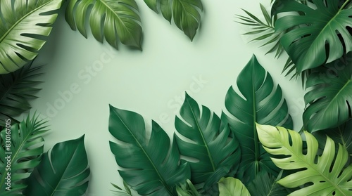 Tropical leaves, green floral pattern banner