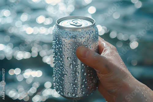 A hand holds a misted soda can in front of a body of water