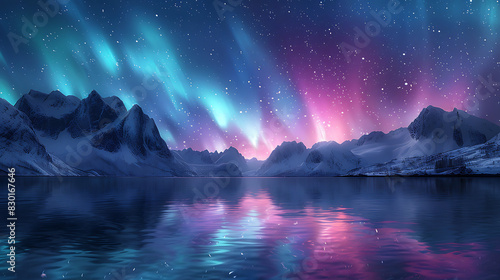 aweinspiring image of Northern Lights reflecting tranquil water of fjord Norway snowcapped mountain towering background ethereal dance of light color Arctic sky creates magical atmosphere enchanting o