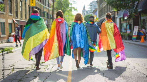 A group of diverse individuals walks down a city street wearing rainbow flags, celebrating unity and LGBTQ pride.