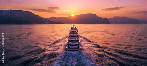 A luxurious yacht sailing on the open sea at sunset, with mountains in view.