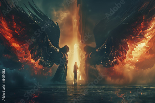 angels with fiery wings guiding a silhouette, surreal fantasy, powerful, dramatic light and dark, monitor 3:2