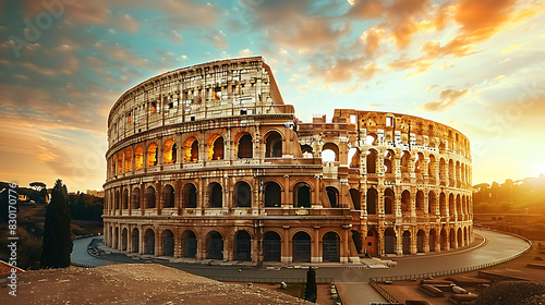iconic image of Colosseum bathed golden sunlight showcasing grandeur history of ancient Rome Italy amphitheater's weathered stone arch storied past evoke sense of wonder admiration drawing visitor mar