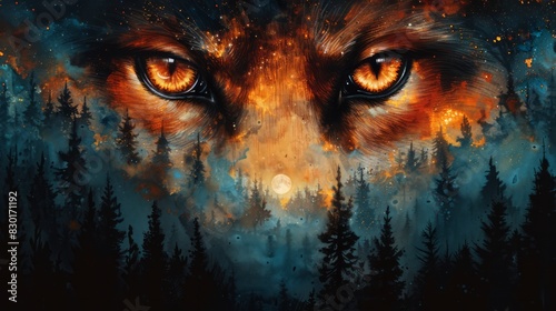 Mystical wolf eyes glowing amidst a dark forest scenery creating an enigmatic and haunting atmosphere perfect for fantasy themed projects.