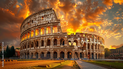 iconic image of Colosseum bathed golden sunlight showcasing grandeur history of ancient Rome Italy amphitheater's weathered stone arch storied past evoke sense of wonder admiration drawing visitor mar