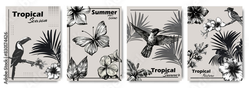 Creative tropical posters with flowers, birds and leaves photocopy effect grunge stippling grain messy texture. Trendy y2k aesthetic vector illustration banner, cover, label, poster, ads.
