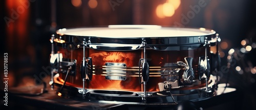 A detailed closeup of a snare drum in a dimly lit room, vibrant light reflections, rich textures, musical equipment focus 8K , high-resolution, ultra HD,up32K HD