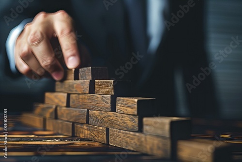 Person stacking wooden block among others