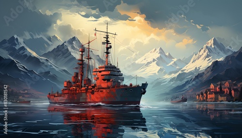 a painting of a ship in the water with mountains in the background and clouds in the sky above it..