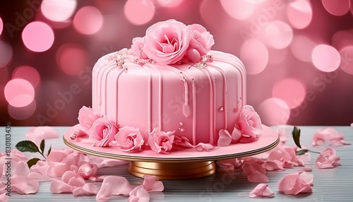 pastel o torta de color rosa con flores rosas y otras decoraciones 9