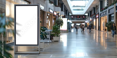 Blank White Signboard in a Shopping Center Ideal for Sale Offers and Advertisements. Concept Advertisement, Shopping Center, Sale Offers, Signboard, Blank White