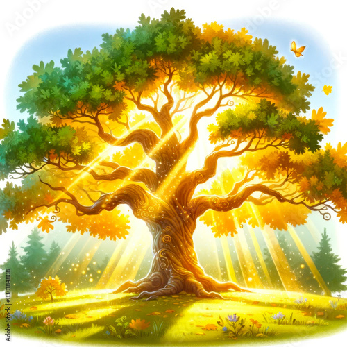 Aquarelle arbre dans la lumière avec rayons de soleil très lumineux. Chêne magique. Illustration pour livre enfant conte ou histoire.