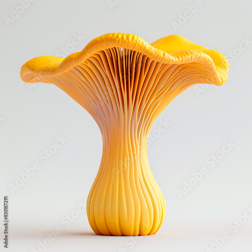 Bright yellow chanterelle mushroom is closely photographed on clean white background. Intricate details of mushrooms gills and cap are prominently displayed, showcasing its unique texture and color.