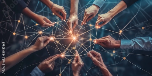 People connecting hands, symbolizing teamwork with a graphical network overlay of points and lines