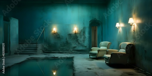 Renovated Abandoned House Spa Retreat: Green-Tiled Pool Area Transformed into Aquamarine Steam Room. Concept Abandoned House Renovation, Spa Retreat, Green-Tiled Pool to Aquamarine Steam Room