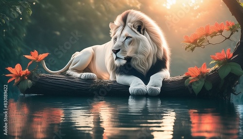 A white lion with red flowers 