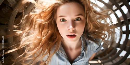 A young woman feeling dizzy due to vertigo. Concept Vertigo, Dizziness, Health, Young Woman, Symptom