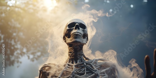 Skeleton in front of smoke symbolizing search for autoimmune disease root causes. Concept Autoimmune Disease, Skeleton, Smoke, Root Causes, Medical Research