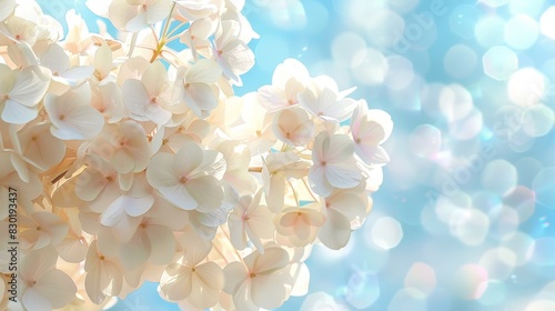  A tight shot of numerous white flowers against a backdrop of blue and white Bokeh light enters from the center, illuminating the petals