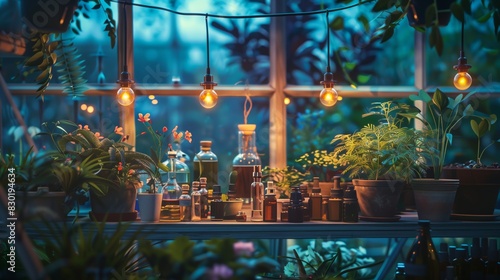 A bewitched greenhouse at twilight, filled with rare plants and glowing oils, radiates an enchanting aura.