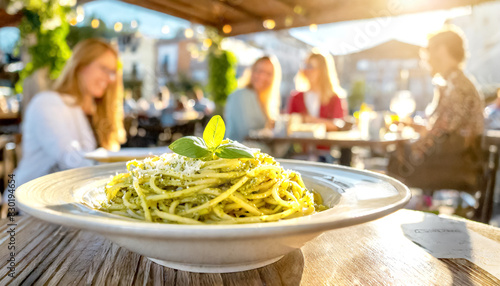 Spaghetti mit Basilikumpesto, im Hintergrund ein Restaurant 