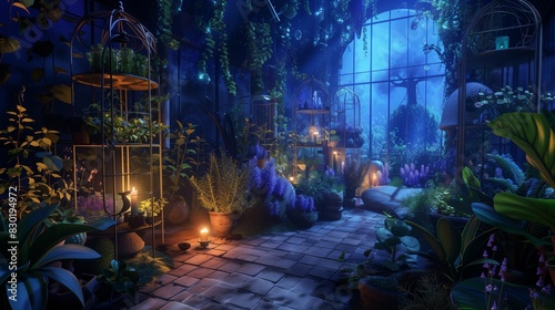 A bewitched greenhouse at twilight, glowing faintly, casts an ethereal light on rare plants and oils.