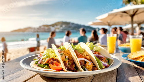 im Vordergrund einen Teller Tacos, im Hintergrund Beach und Bar 