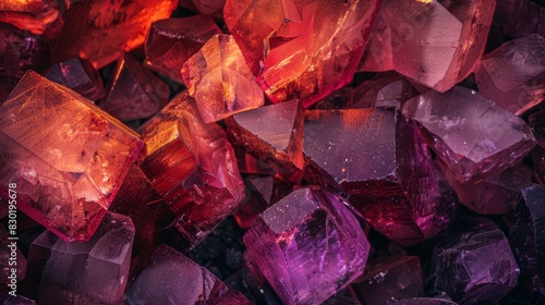  A mound of intermixed purple and red crystal formations atop a comparable stack of those same hued crystals, atop a larger assembly of purple and red rock formations