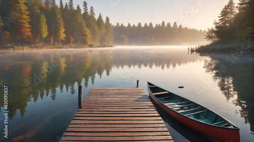 A serene lakeside scene with a wooden dock, canoes, and mist rising from the water at dawn. Generative AI.