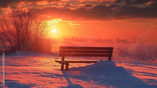 Wooden bench in the midst of a wide snowy landscape during the sunset with a red sun expansive view