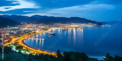 Breathtaking Nighttime Panoramic View of Budva Riviera Along Montenegro's Adriatic Coastline. Concept Night Photography, Montenegro, Adriatic Coast, Travel Destinations, Sea View