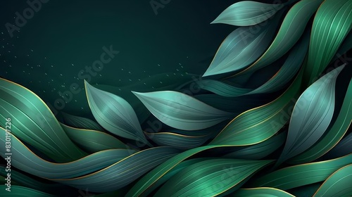  A tight shot of a green leafy pattern against a black backdrop, edged with a golden stripe encircling the leaf perimeters and base