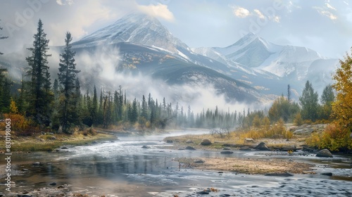 A misty autumn morning in the wilderness by a big rapid mountain stream with a sandy shore encompassed by mountains cloaked in a blend of autumn woods