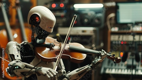 A robot assists a musician by tuning instruments and setting up audio equipment